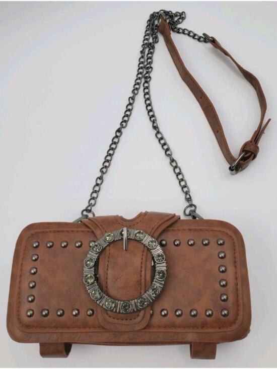 Unbranded Handbags - Brown Small Crossbody Wallet Bag, Zip Closure, Studded Hardware, Inner Pockets